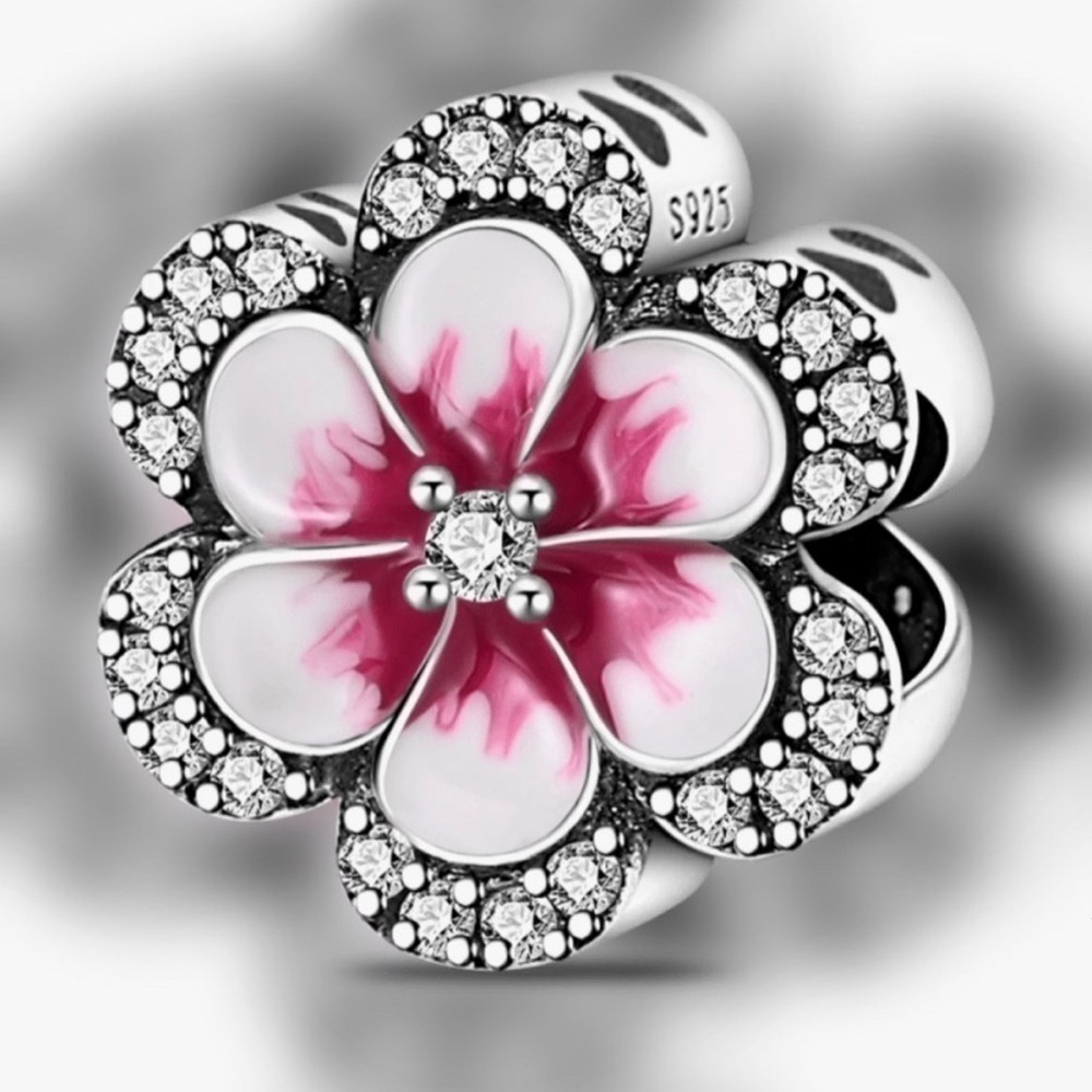 Sterling Silver 925 Pink Flower Charm with CZ Crystals